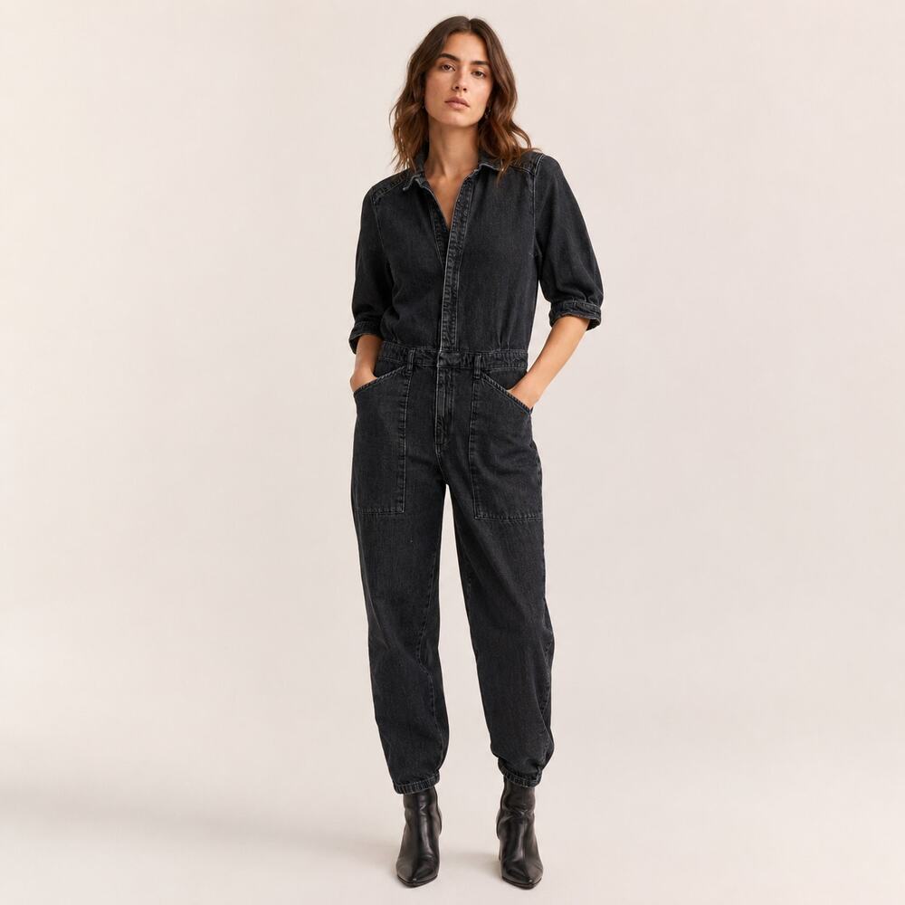 BA&SH Frida Cotton Denim Jumpsuit in washed blacked size 1